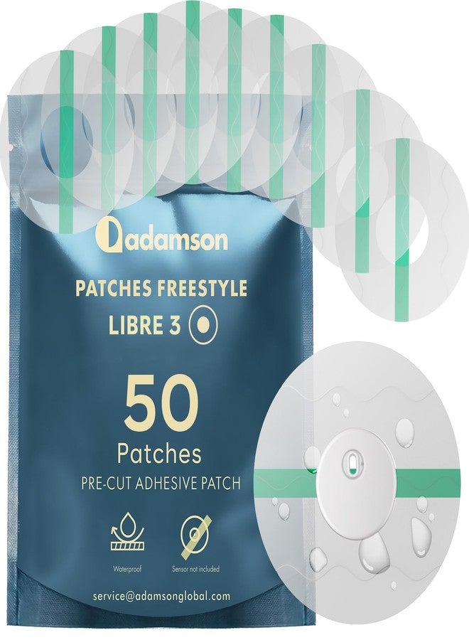 Adamson Freestyle Libre 3 Sensor Covers Waterproof – 50 Libre 3 Patches, Transparent, Long-Lasting, No Glue on Center, Non-Irritating, Easy to Apply and Remove – Ideal for Sports, Swimming, and Daily Use - Image 1